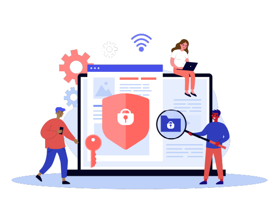 An illustration showing people and depicting privacy and security icons